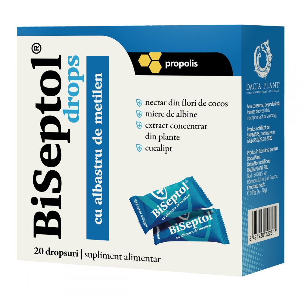 BiSeptol drops - cu propolis si albastru de metilen (20 buc)